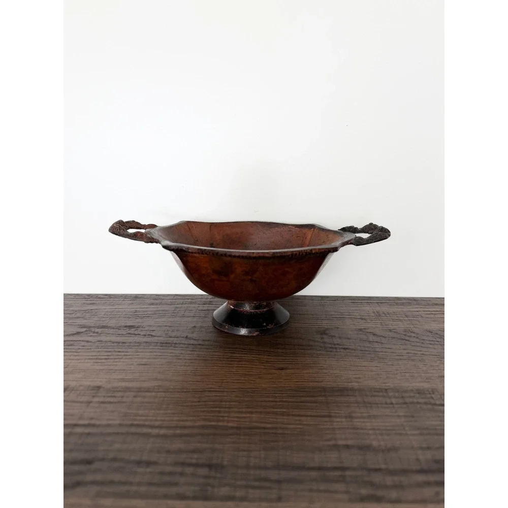 Vintage Metal Rustic Farmhouse Distressed Rose Handle Detailing Footed Bowl Dish